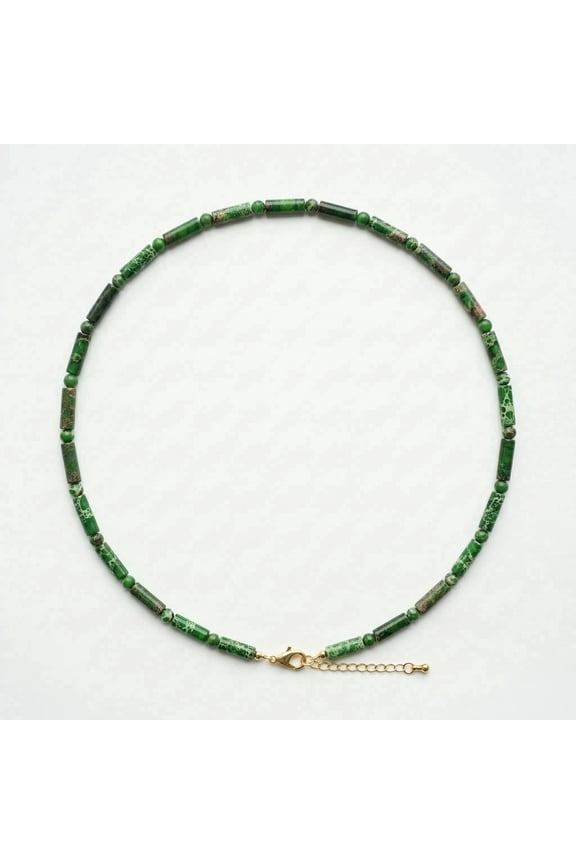 Handmade Natural Sea Sediment Jasper Tube Bead Choker Necklace for Women, 18K Gold Plated Adjustable Beach Jewelry, Boho Western Gemstone Cylinder Bead Clavicle Chain for Summer Vacation