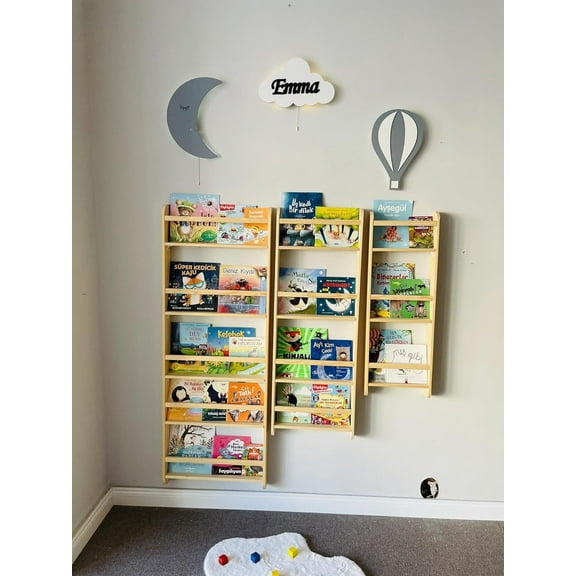 Handmade Natural Solid Wood Montessori Narrow Kids Bookshelf, Wall Mounted Tall Skinny Book Shelf, Space Saver Book Rack for Nursery, Living Room 3-Tier, 4-Tier, 5-Tier (24, 3 Tier)