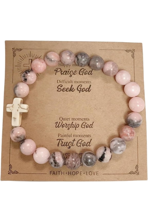 Handmade Natural Stone Beaded Cross Pendant Crucifix Religious Catholic Bracelet Faith Inspirational Elastic Rope Protection Pray Jewelry for Women