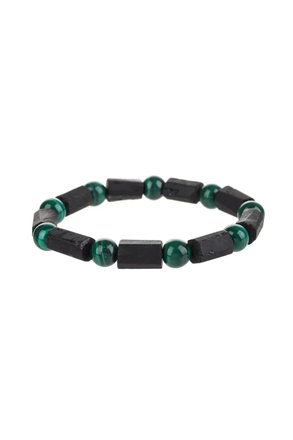 Handmade Natural Stone - Black Tourmaline Bracelet with Malachite Beads - Men's and Women's Jewelry