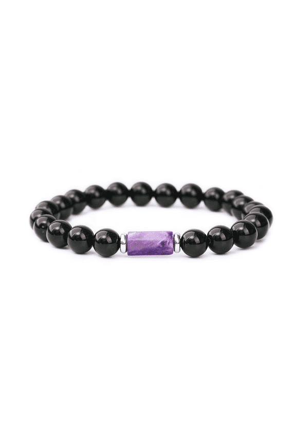 Purple Charoite Bracelet, Natural Stone, Black Agate Bead Bracelet, Men's and Women's Jewelry
