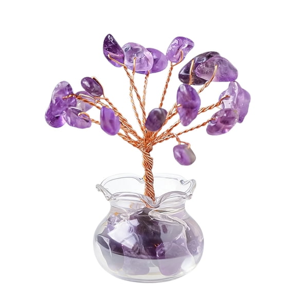 Handmade Natural Tumbled Crystal Tree Decor - Copper Wire Gemstone Feng Shui Ornament for Home, Car Interior, Living Room or Office Desk Tabletop Decoration (Assorted Colors)
