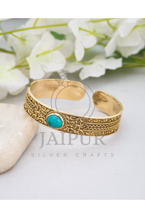 Handmade Natural Turquoise Brass Adjustable Bangle JSCBG01