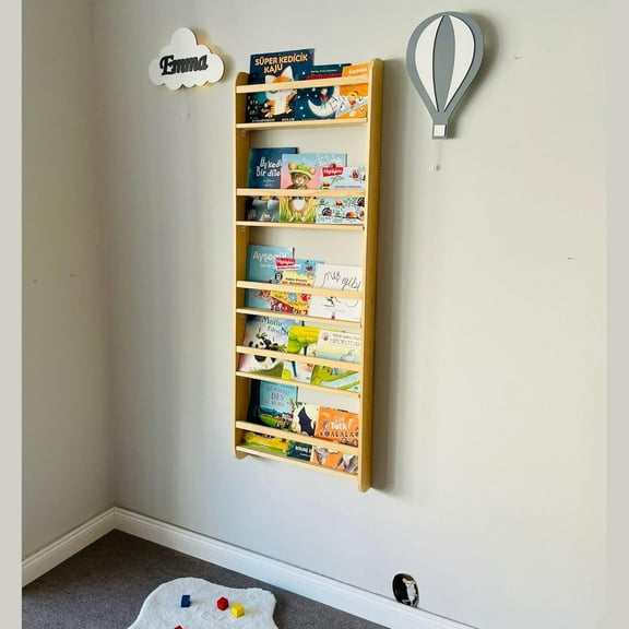 Handmade Natural Wood 5 Tier Montessori Kids Bookshelf, Wall Mounted Wide Book Shelf for Nursery, Space Saver Children's Book Rack Wall for Bedroom, Living Room (Wide 24" Width, Walnut)