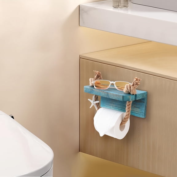 Handmade Natural Wood Wall-Mounted Floating Shelves & Toilet Paper Holder with Nautical Rope Design - Boho Bathroom Decor for Storage of Paper Towels, Candles, Plants
