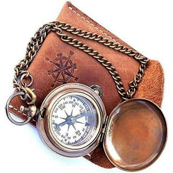 Handmade Nautical Brass Push Open Compass On Chain with Leather Case Pocket Compass Gift Compass Rustic Vintage Home Decor Gifts