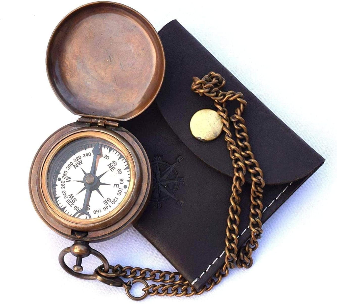 Handmade Nautical Brass Push Open Compass On Chain with Leather Case, Pocket Compass, Gift Compass Rustic Vintage Home décor Gifts