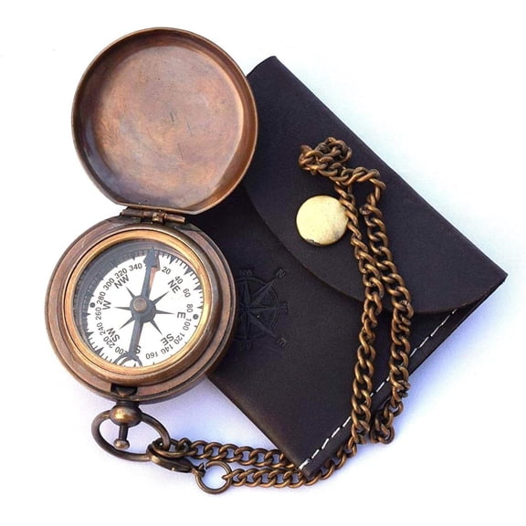 Handmade Nautical Brass Push Open Compass On Chain with Leather Case, Pocket Compass, Gift Compass Rustic Vintage Home dcor Gifts