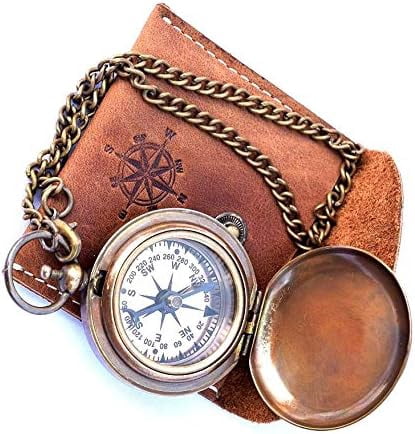 Handmade Nautical Brass Push Open Compass On Chain with Leather Case Pocket Compass Gift