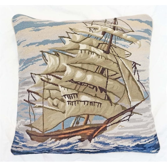 Handmade Nautical Tall Ship Needlepoint Pillow | Cozy Decor