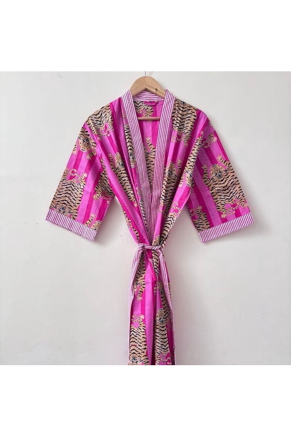 Handmade Nightwear Dress, Kimono For Women, Tiger Print Kimono Robe, Indian Cotton Kimono, Japanese kimono, Bridesmaid Robe, One Size