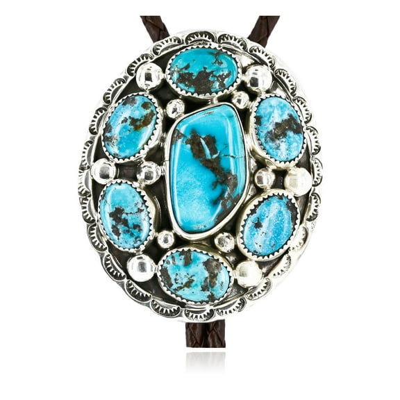 Handmade Nuggets Certified Authentic Navajo .925 Sterling Silver Natural Turquoise Native American Bolo Tie 1205