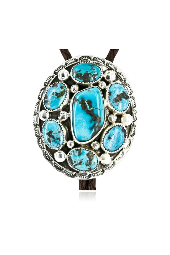 Handmade Nuggets Certified Authentic Navajo .925 Sterling Silver Natural Turquoise Native American Bolo Tie 1205