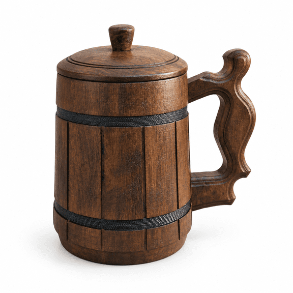 Handmade Oak Wood Beer Mug with Lid, 20 Oz Capacity, Versatile Drinkware