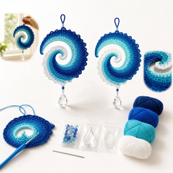 Handmade Ocean Wave Crochet Kit, Spiral Wind Spinner Suncatcher DIY Set, Coastal Hanging Ornament Craft for Window Decor