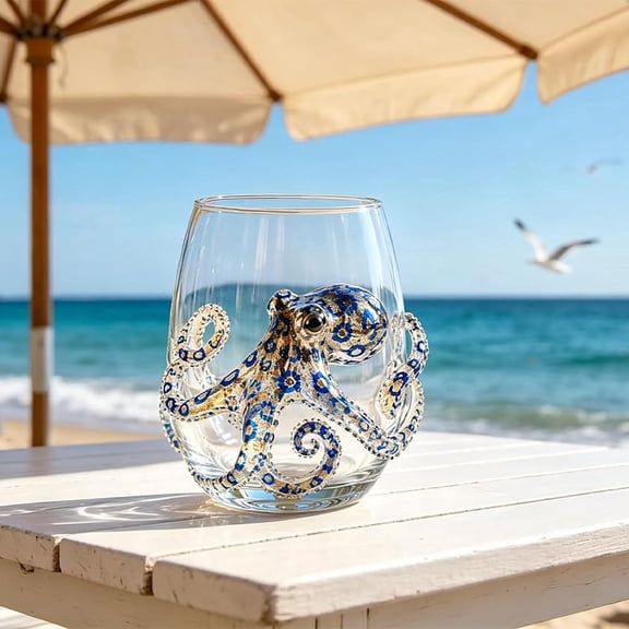 Handmade Octopus Drinking Glass, Blue Ringed Tentacle Tumbler, Artisanal Ocean Barware for Coastal Home Decor