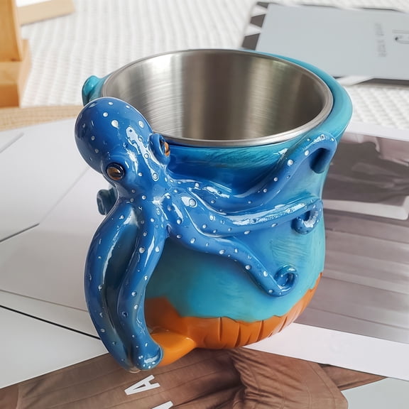 Handmade Octopus Mug - Resin & Stainless Steel Coffee Cup | Playful Blue/Orange Design | Indoor/Outdoor Drinkware for Home & Kitchen Decor