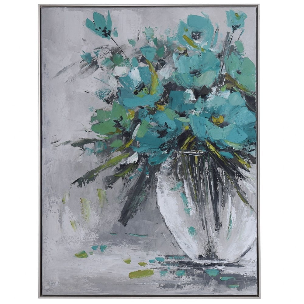 Handmade Floral Oil Painting on Canvas with Gray Frame
