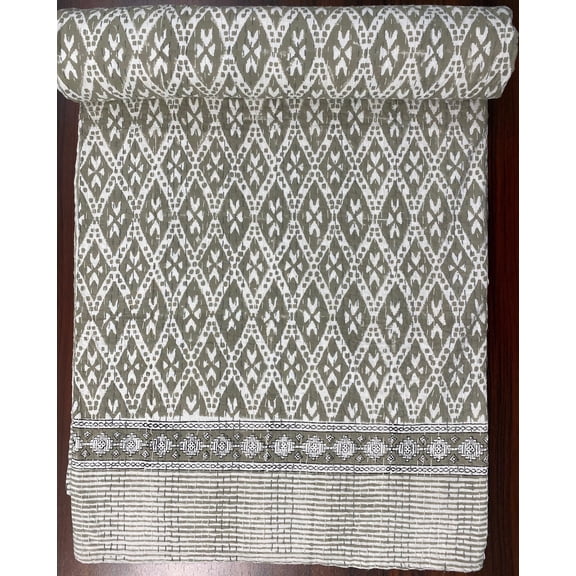 Handmade Olive Grey Block Print Indian Kantha Quilt, Hand Stitched Pure Cotton Bedspread, Artisan Made Neutral Boho Decor