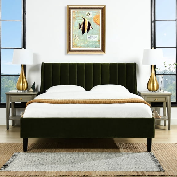 Handmade Olive Velvet Queen Bed, Exceptional Quality And Style Headboard Platform Made Of Solid Birch Hardwood,