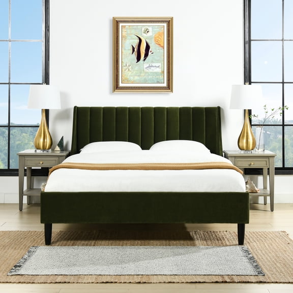 Handmade Olive Velvet Queen Bed, Exceptional Quality And Style Headboard Platform Made Of Solid Birch Hardwood,