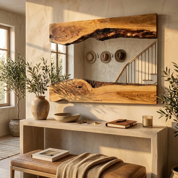 Handmade Olive Wood Rectangular Wall Mirror 12x24 Inch, Natural Wood