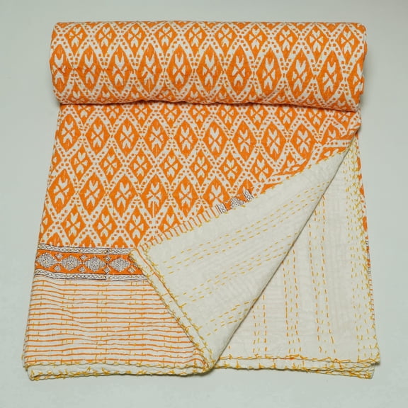 Handmade Orange Block Print Indian Kantha Quilt, Cotton Bedspread from Jaipur, Soft Lightweight Bed Quilt for Cozy Bedroom & Home Decor