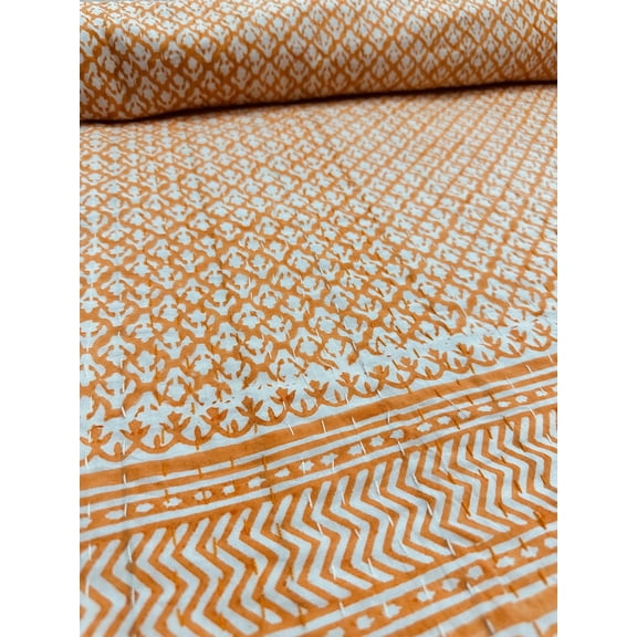 Handmade Orange Block Print Indian Kantha Quilt – Cotton Kantha Bedspread, Indian Blanket, Boho Bedding Throw from Jaipur