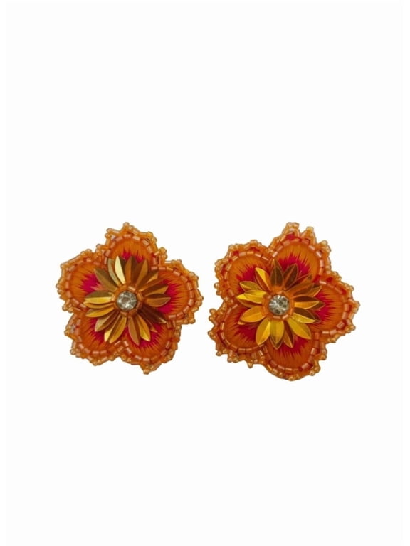 QRIXLOOM Orange Floral Stud Earrings Handmade Beaded Lightweight Statement Jewelry for Women