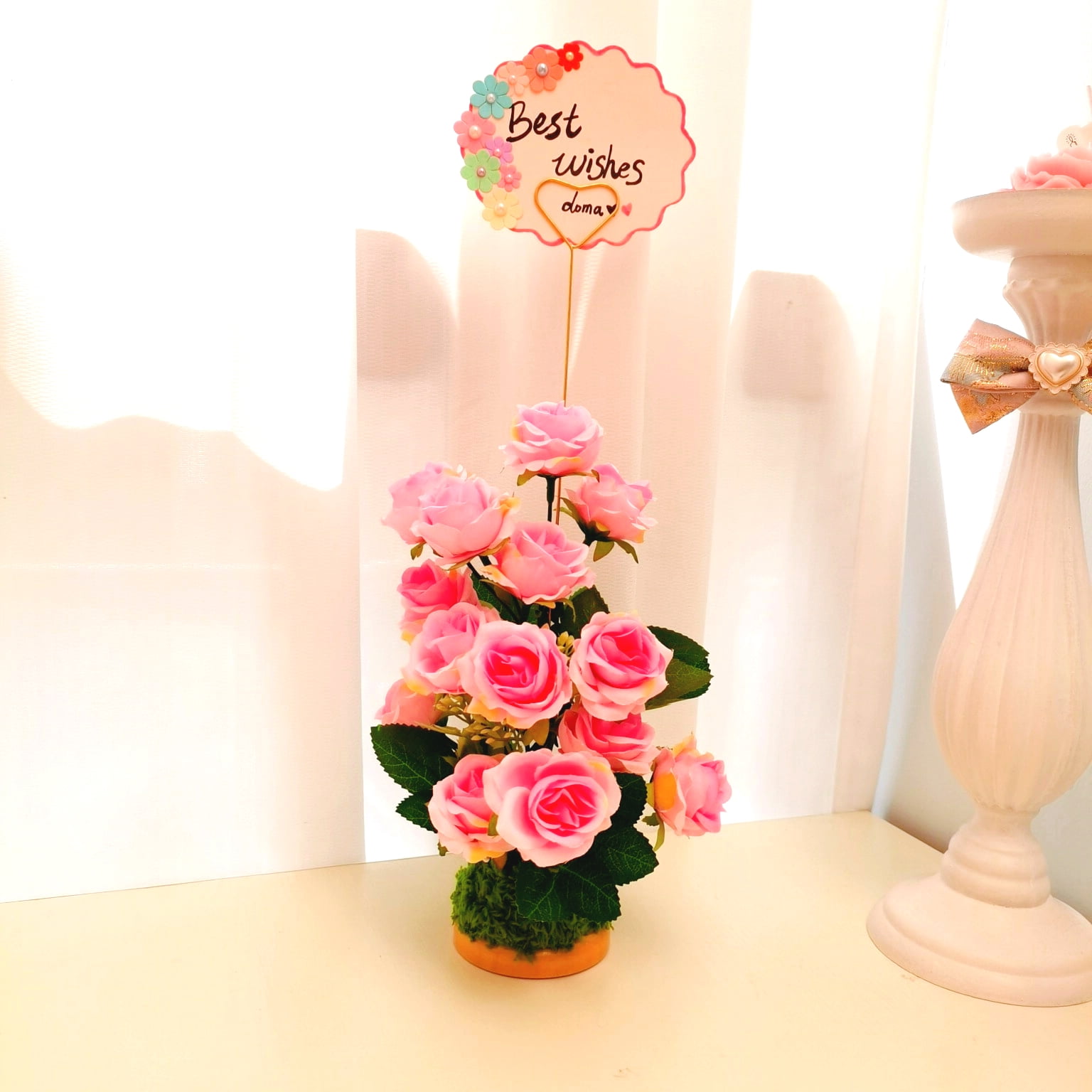 Handmade Original 40cm Height/15.75 inch Simulated Silk Rose Note Holder for Meetings,Parties, Birthdays, Anniversaries, +30Pcs Greeting Cards for Writing，Drawing