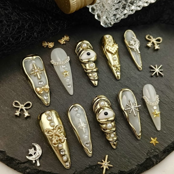 Handmade Original Gold Gothic Press-On Nails - Mystical Eye Self-Adhesive Artificial False Nails. Adorned with Pearls & Stars, Versatile for Halloween, Daily Wear & Holiday Gatherings.