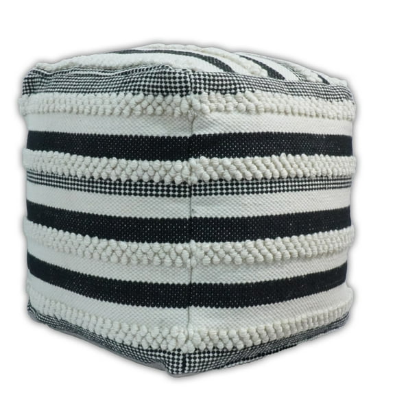 Handmade Outdoor Safe Black and White Stripes Pouf | TRD125