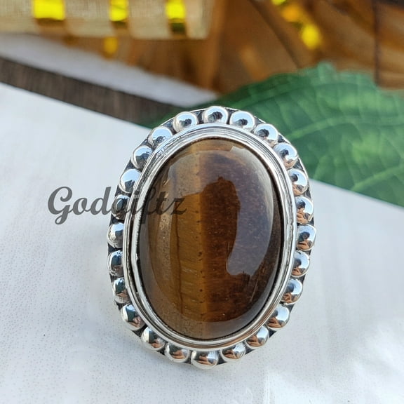 Handmade Oval Tiger's Eye Ring: 925 Sterling Silver Stacking Ring