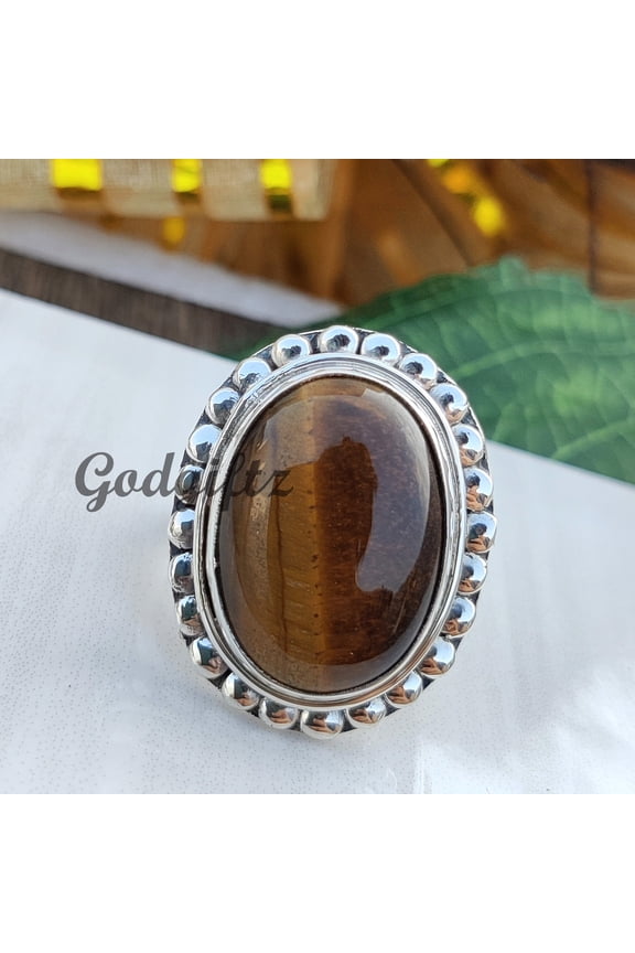 Handmade Oval Tiger's Eye Ring: 925 Sterling Silver Stacking Ring