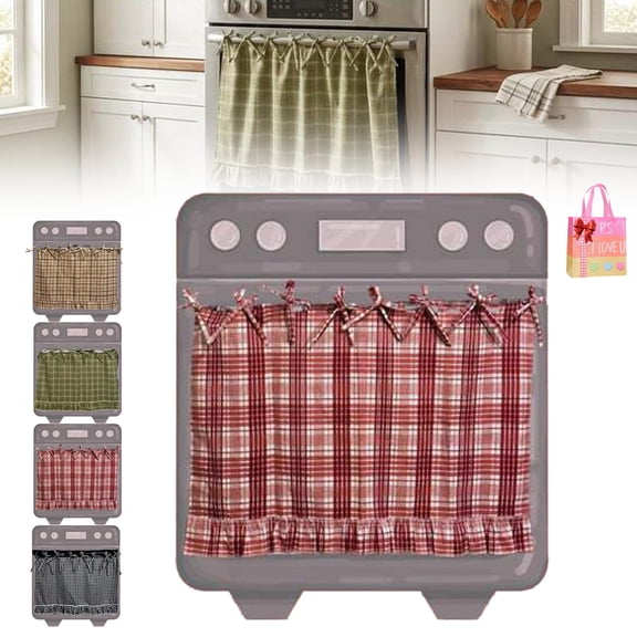Handmade Oven Skirt, Decorative Stove Cover Curtain with Ribbon Ties & Ruffled Trim, Kitchen Appliance Cover to Hide Storage Clutter, Rustic Kitchen Decor for Oven Dishwasher Cabinet
