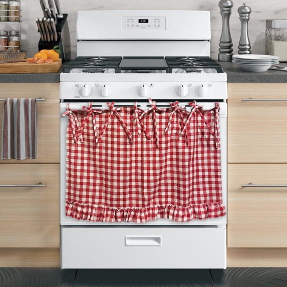 Handmade Oven Skirts, 30X21.5inch Oven Curtain for Farmhouse Kitchen Decor, Oven Curtain Tie Top, Plaid Stove Cover Skirt with Ruffle Trim, Rustic Kitchen Curtain Decor for Stove Dishwasher Cabinet