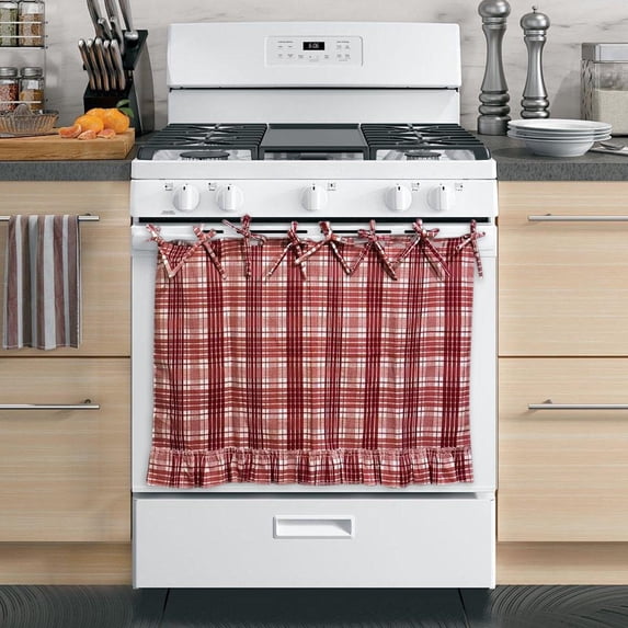 Handmade Oven Skirts, 30X21.5inch Oven Curtain for Farmhouse Kitchen Decor, Oven Curtain Tie Top, Plaid Stove Cover Skirt with Ruffle Trim, Rustic Kitchen Curtain Decor for Stove Dishwasher Cabinet