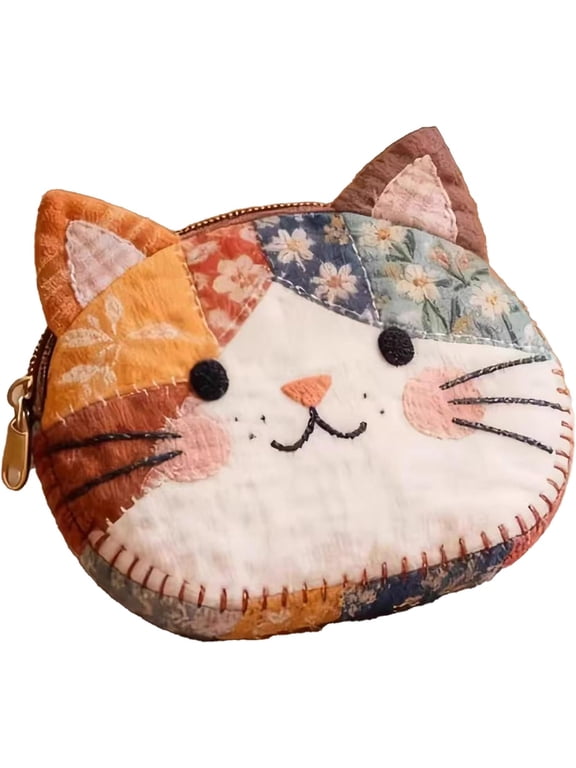 Handmade Patchwork Cat Coin Purse, Floral Fabric Quilted Kitten Pouch with Zipper, Small Storage Bag for Earphones and Accessories