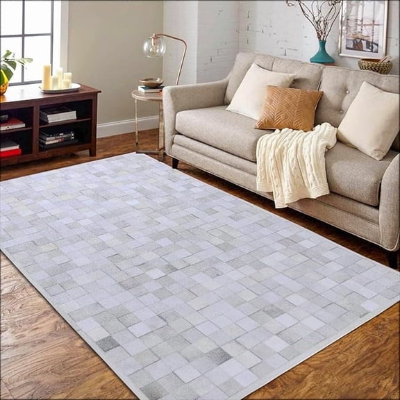 Artcore Rugs Modern Collection Square Box Gray Hair on Hide, Leather Hide Rugs, 4' x 6', Handmade