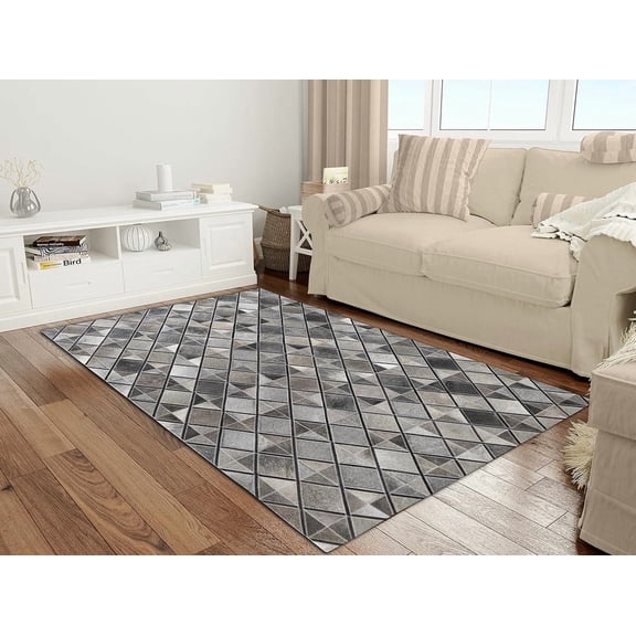 Artcore Geometric Gray Hair on Hide, Leather Hide Rugs, 5 x 8 Feet, Handmade Patchwork, Modern