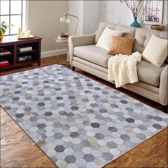 Artcore Leather Rug Collection Hexagon Gray Hair on Hide, Leather Hide Rugs, 3' x 5', Handmade Patchwork Modern