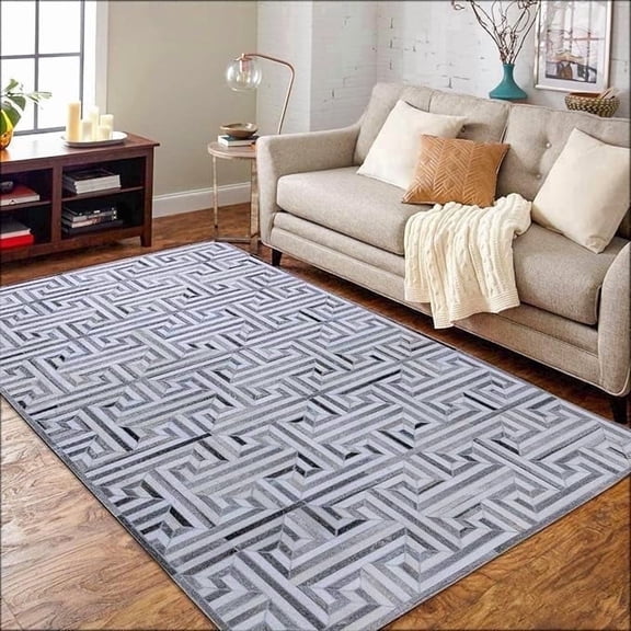 Artcore Artcore Rugs Modern Collection Square Box Gray Hair on Hide, Leather Hide Rugs, 3' x 5'