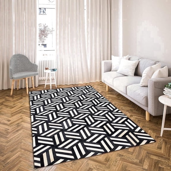 Artcore Rugs Modern Collection Geometric Black Hair on Hide, Leather Hide Rugs, 6' x 9', Handmade Patchwork