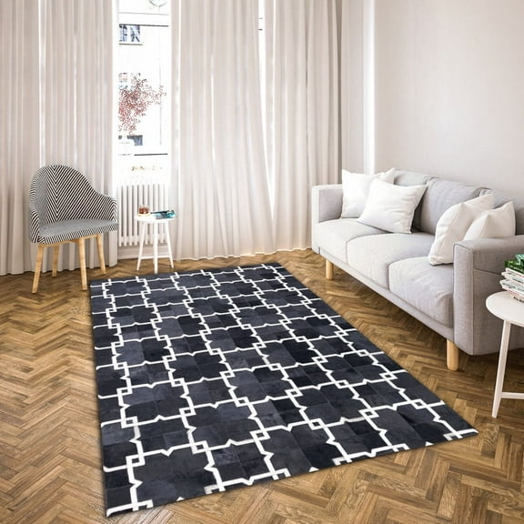 Handmade Patchwork Cowhide Modern Leather Area Rug – Modern Geometric Pattern Design (3 feet x 5 feet)