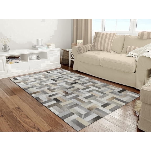 Artcore Rugs Modern Collection Geometric Gray Hair on Hide, Leather Hide Rugs, 5 x 8, Indoor Living Room and Bedroom