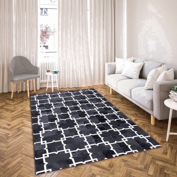 Artcore Rugs Modern Collection Geometric Gray Hair on Hide, Leather Hide Rugs, 6 x 9, Handmade Patchwork