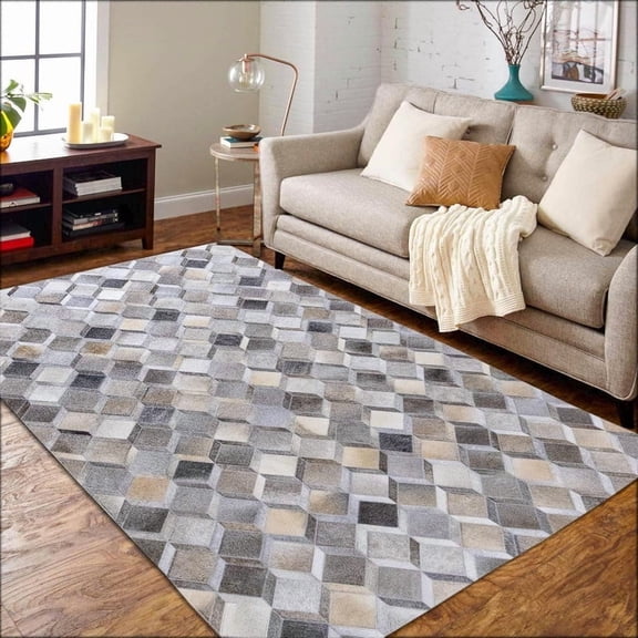 Handmade Patchwork Cowhide Modern Leather Area Rug Moroccan Box Design (3 feet x 5 feet)