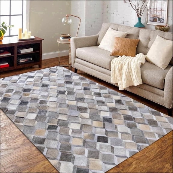 Artcore Rugs Modern Collection Moroccan Box Gray Hair on Hide, Leather Hide Rugs, 6' x 9'