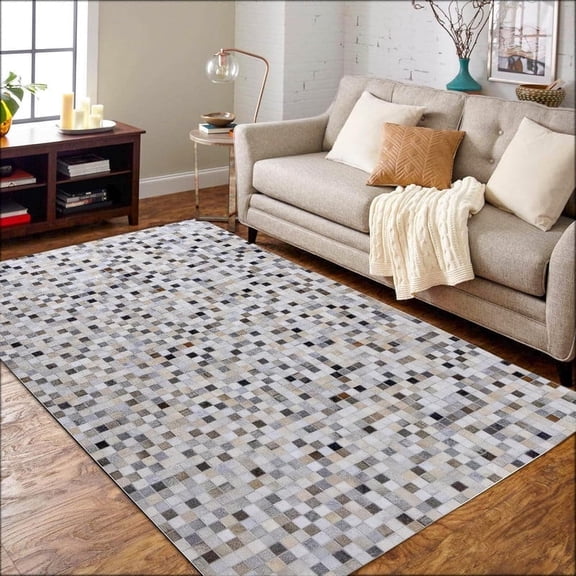 Artcore Rugs Modern Collection Square Box Gray Hair on Hide, Leather Hide Rugs, 3' x 5', Handmade