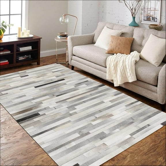 Artcore Patchwork Cowhide Leather Area Rug, Striped Pattern, Beige & Brown Tones, 6 x 9 ft